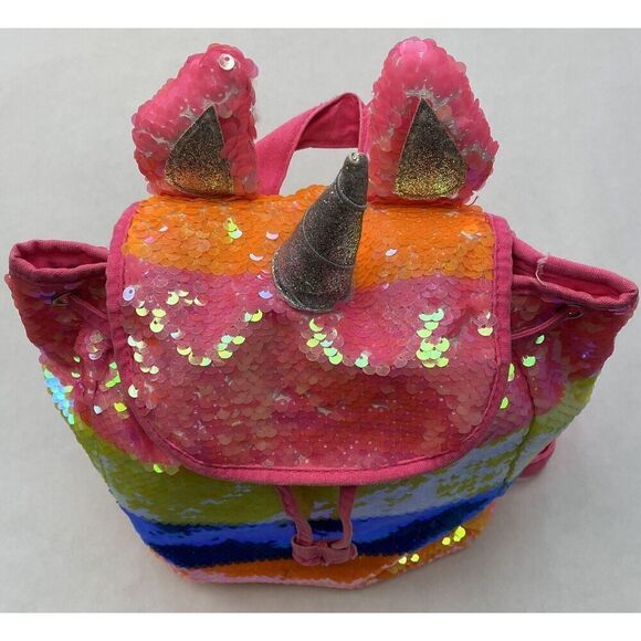 Justice Rainbow Unicorn Flip Sequin Mini Backpack Rucksack Horn Ears 12X8X4 - Picture 2 of 11